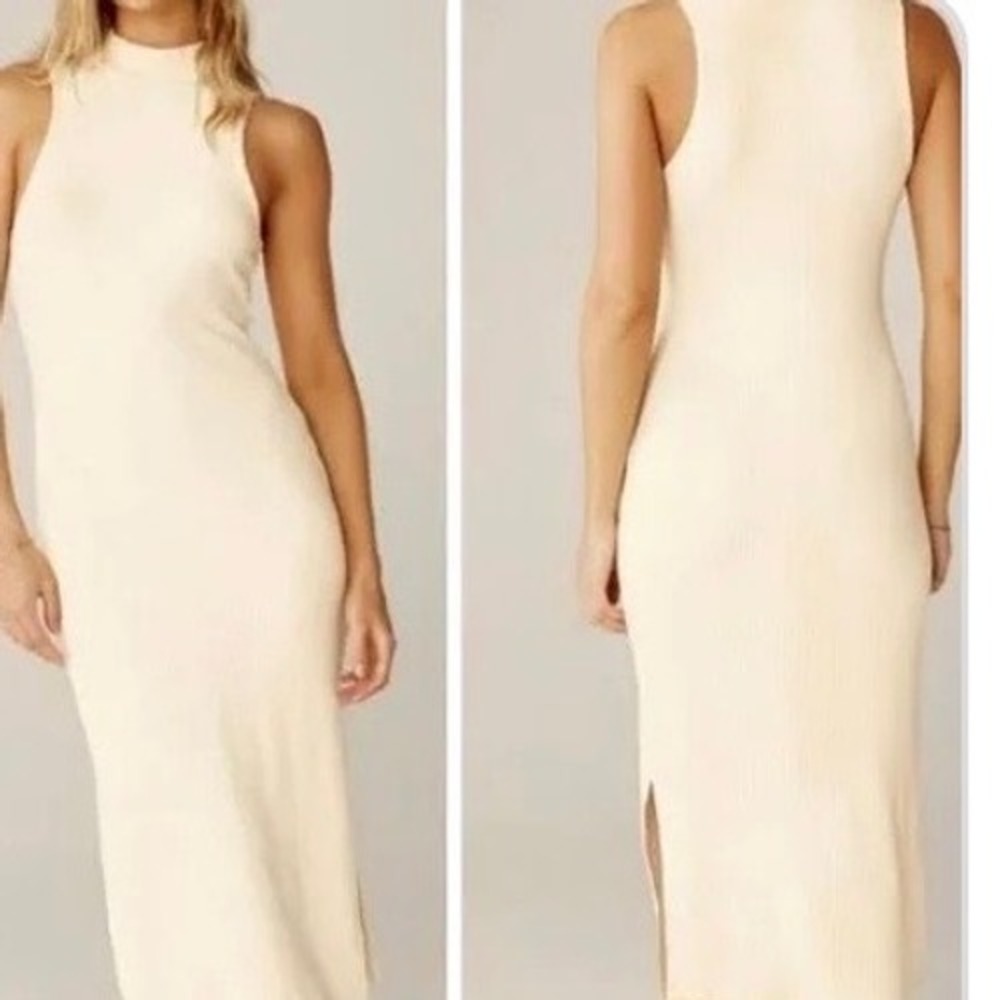 Beyond Yoga Ivory Ribbed Mock Neck Midi Dress Sleeveless Side Slit Large New